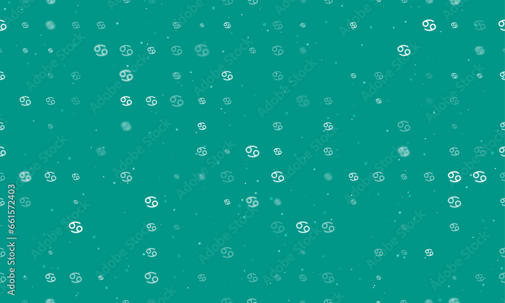 Seamless background pattern of evenly spaced white cancer zodiac symbols of different sizes and opacity. Vector illustration on teal background with stars