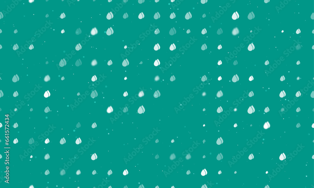 Seamless background pattern of evenly spaced white water drop symbols of different sizes and opacity. Vector illustration on teal background with stars