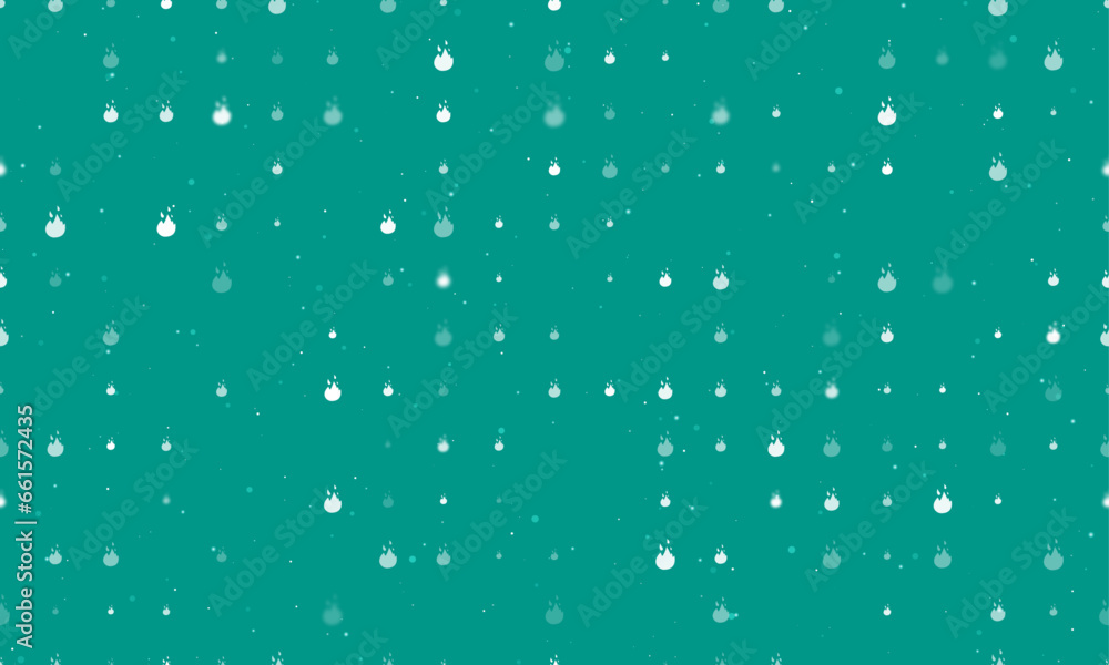Seamless background pattern of evenly spaced white fire symbols of different sizes and opacity. Vector illustration on teal background with stars