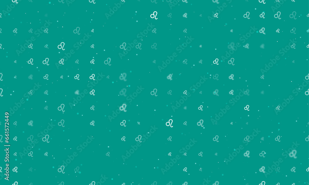Seamless background pattern of evenly spaced white zodiac leo symbols of different sizes and opacity. Vector illustration on teal background with stars
