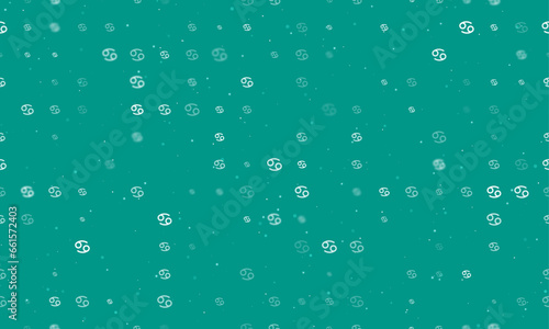 Seamless background pattern of evenly spaced white cancer zodiac symbols of different sizes and opacity. Vector illustration on teal background with stars