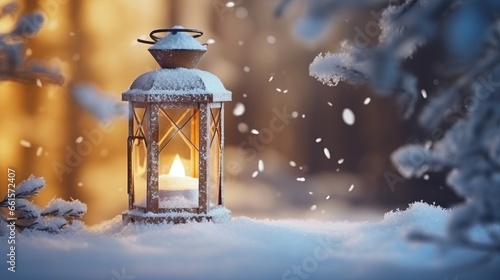 Photo of a lantern shining brightly in a snowy winter landscape © mattegg