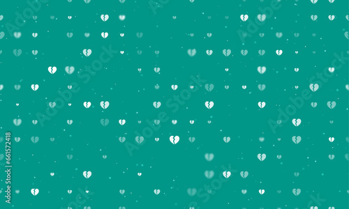 Seamless background pattern of evenly spaced white broken heart symbols of different sizes and opacity. Vector illustration on teal background with stars