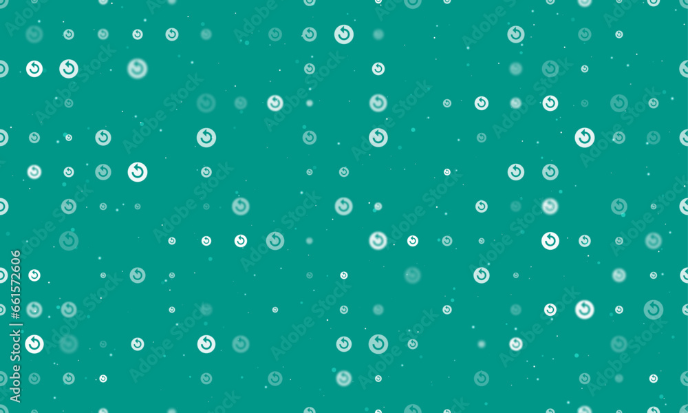 Seamless background pattern of evenly spaced white replay media symbols of different sizes and opacity. Vector illustration on teal background with stars