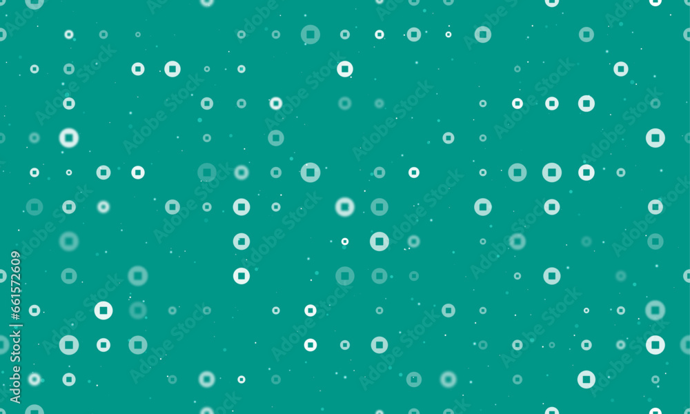 Seamless background pattern of evenly spaced white stop media symbols of different sizes and opacity. Vector illustration on teal background with stars