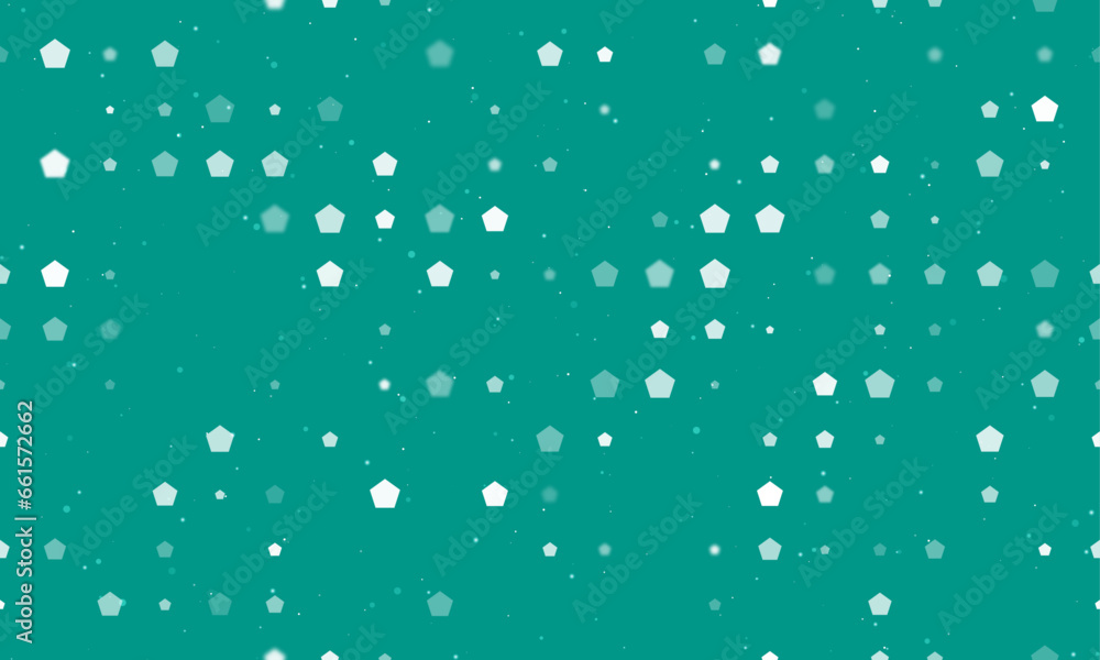 Seamless background pattern of evenly spaced white pentagon symbols of different sizes and opacity. Vector illustration on teal background with stars