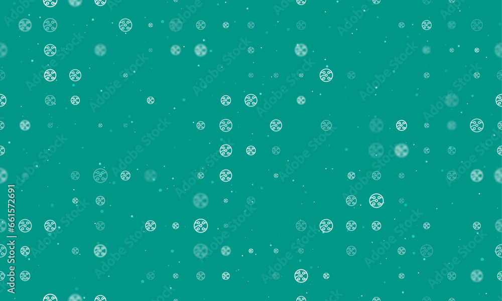 Seamless background pattern of evenly spaced white electrical board symbols of different sizes and opacity. Vector illustration on teal background with stars