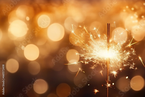 Burning sparkler on bokeh light background. Generative AI