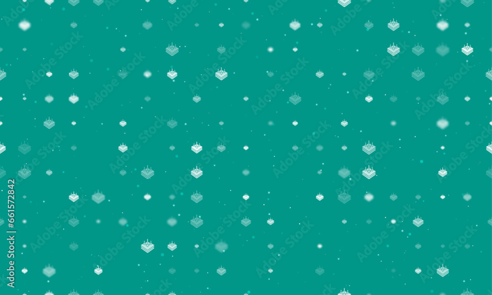Seamless background pattern of evenly spaced white absorbent symbols of different sizes and opacity. Vector illustration on teal background with stars