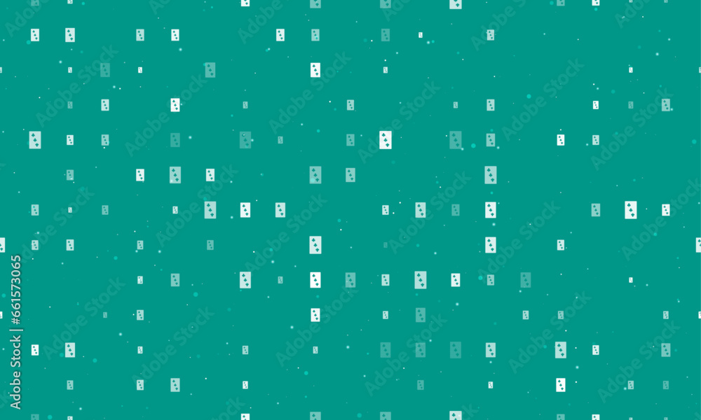 Seamless background pattern of evenly spaced white Three of Clubs playing cards of different sizes and opacity. Vector illustration on teal background with stars Seamless background pattern of evenly spaced white Three of Clubs playing cards of different sizes and opacity. Vector illustration on teal background with stars