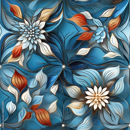 A painting of flowers and leaves on a blue background. Imaginary AI seamless floral pattern.