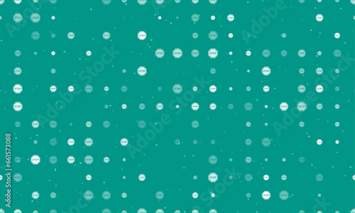 Seamless background pattern of evenly spaced white stop road signs of different sizes and opacity. Vector illustration on teal background with stars