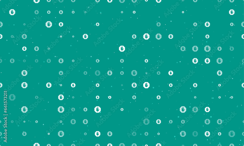 Seamless background pattern of evenly spaced white stop hand symbols of different sizes and opacity. Vector illustration on teal background with stars