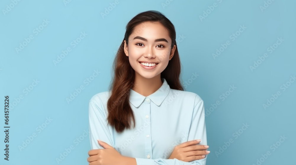 Asian teen student in uniform smiles Asian teen student in uniform smiles