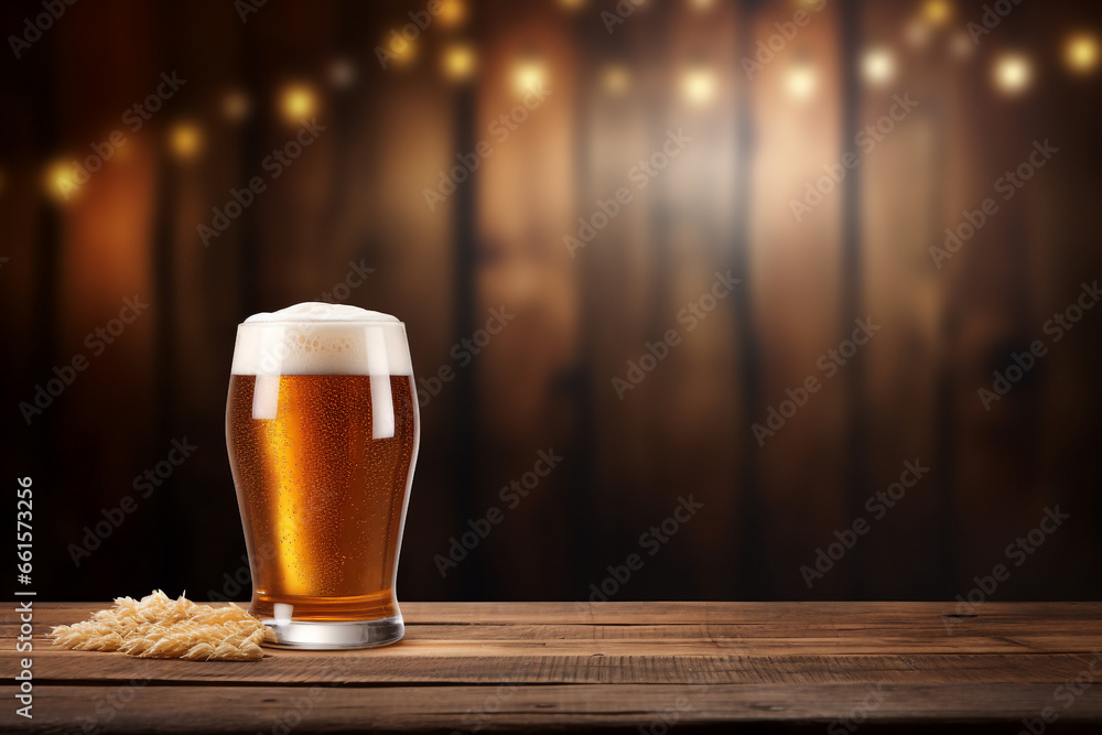 pint of beer on wooden table with blurred bar at background, pint of beer on wooden table with blurred bar at background,