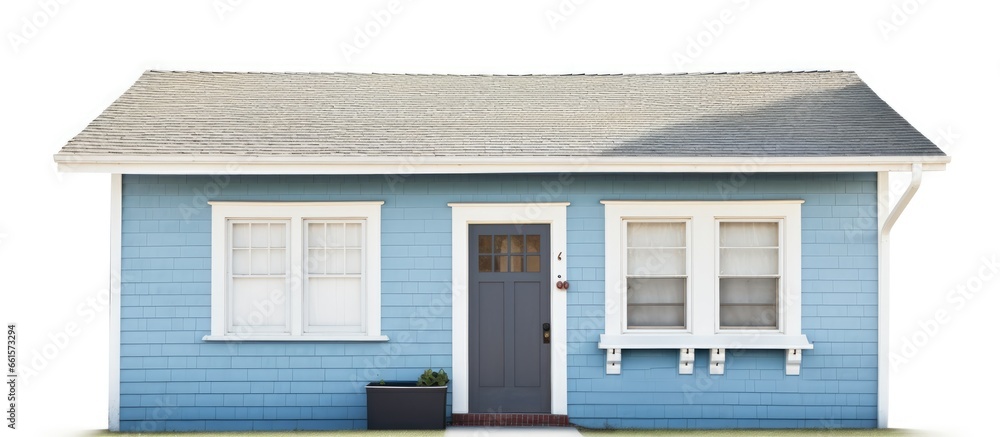 Fototapeta premium House with blue front door and vinyl siding With copyspace for text