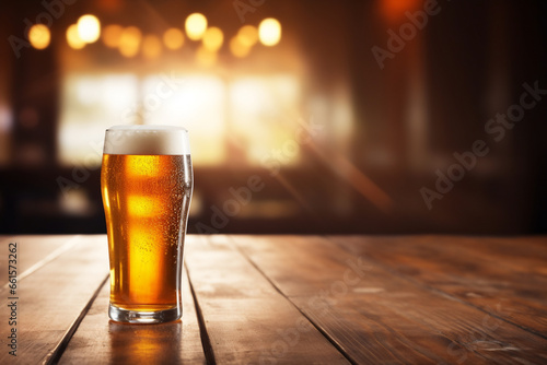 pint of beer on wooden table with blurred bar at background,