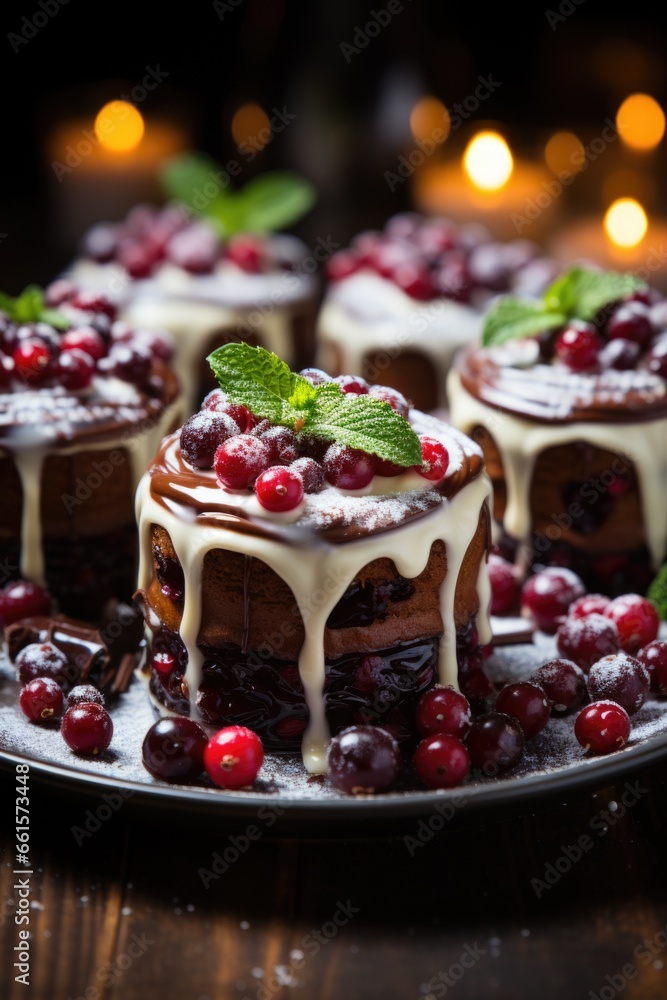 A chocolate cake with icing and cranberries on a plate. Photorealistic AI image. A chocolate cake with icing and cranberries on a plate. Photorealistic AI image.