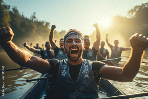 A Jubilant Team Celebrating a Victory in a Rowing Race photo