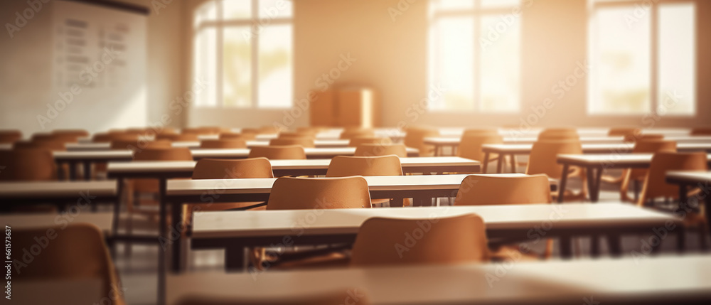 Defocused empty university classroom or business conference room. - obrazy, fototapety, plakaty 