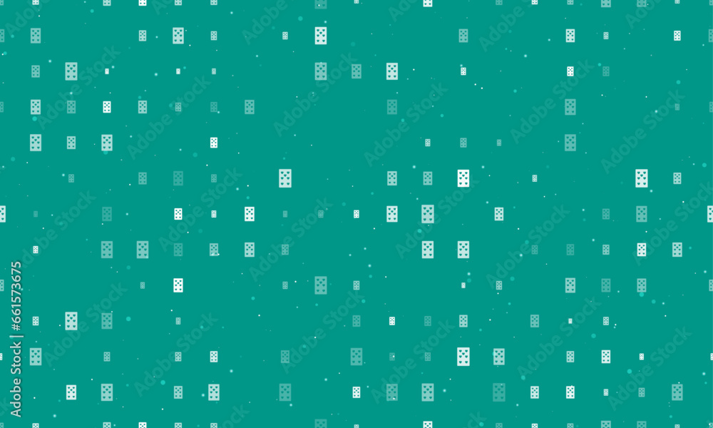 Seamless background pattern of evenly spaced white seven of hearts playing cards of different sizes and opacity. Vector illustration on teal background with stars
