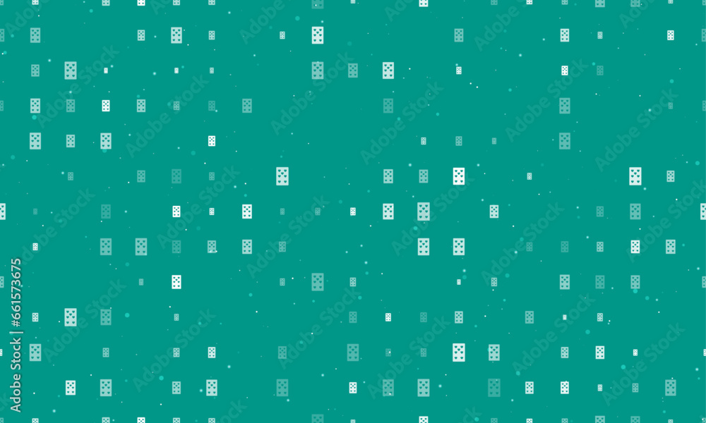 Seamless background pattern of evenly spaced white seven of hearts playing cards of different sizes and opacity. Vector illustration on teal background with stars Seamless background pattern of evenly spaced white seven of hearts playing cards of different sizes and opacity. Vector illustration on teal background with stars