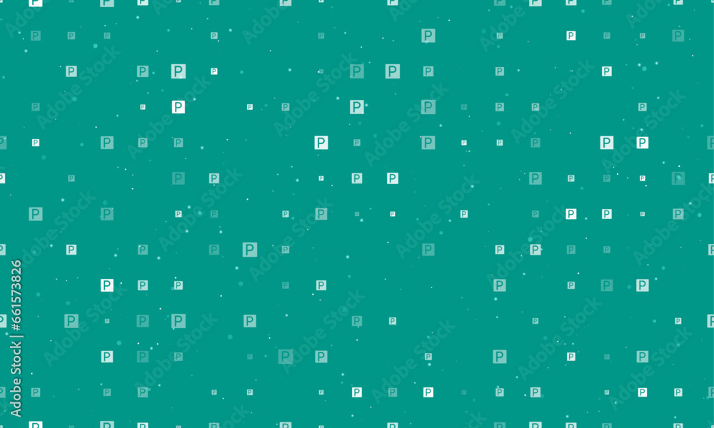 Seamless background pattern of evenly spaced white road parking signs of different sizes and opacity. Vector illustration on teal background with stars Seamless background pattern of evenly spaced white road parking signs of different sizes and opacity. Vector illustration on teal background with stars