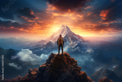 Triumphant Explorer Reaching the Peak of a Mountain