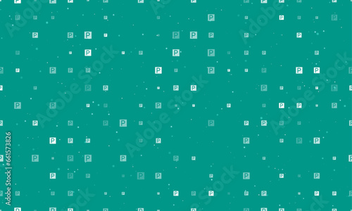 Seamless background pattern of evenly spaced white road parking signs of different sizes and opacity. Vector illustration on teal background with stars
