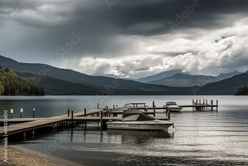 Scenic lake with boats, mountains, clouds, and piers. Generative AI