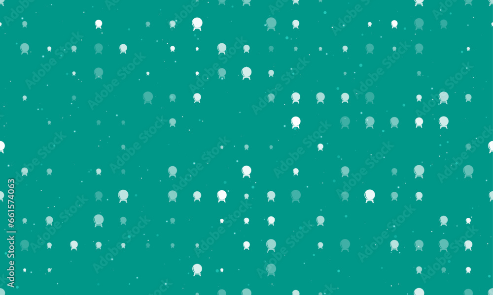 Seamless background pattern of evenly spaced white spirit ball symbols of different sizes and opacity. Vector illustration on teal background with stars