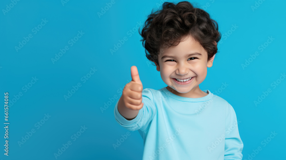 Boy wearing casual clothes standing over isolated blue background doing happy thumbs up gesture with hand. Boy wearing casual clothes standing over isolated blue background doing happy thumbs up gesture with hand.