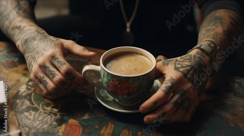 Elevated view of man with tattoo holding a cup of Coffee.Generative AI