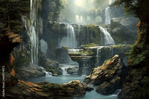 Background featuring a cascading waterfall. Generative AI