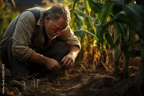 The farmer examining of corn on green farm at sunset, AI Generated