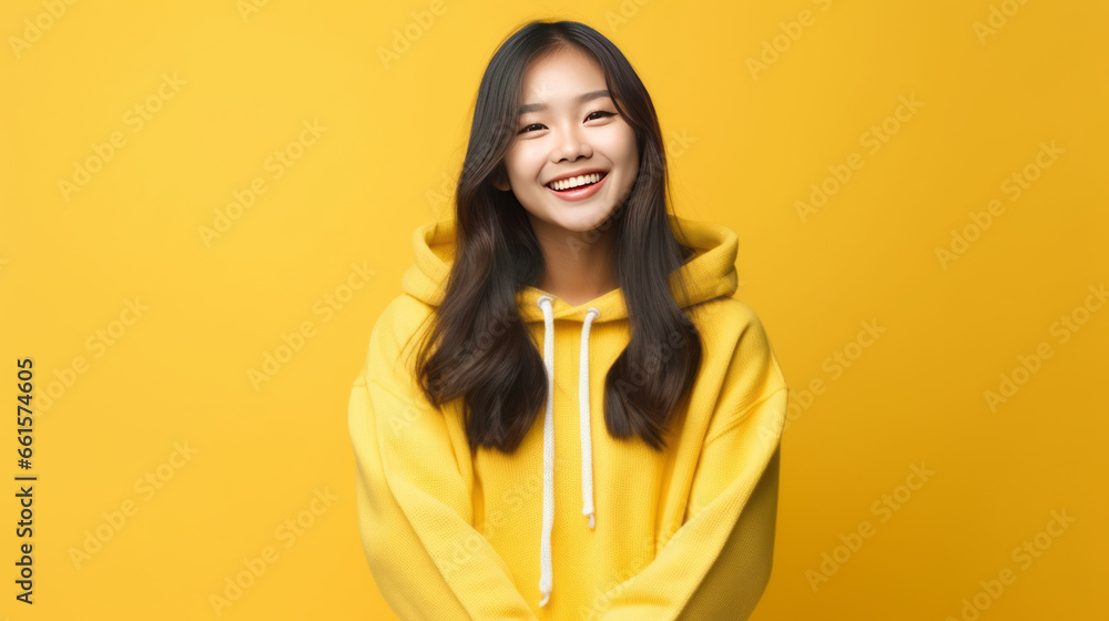 Happy cute asian student girl standing over isolated yellow background Happy cute asian student girl standing over isolated yellow background