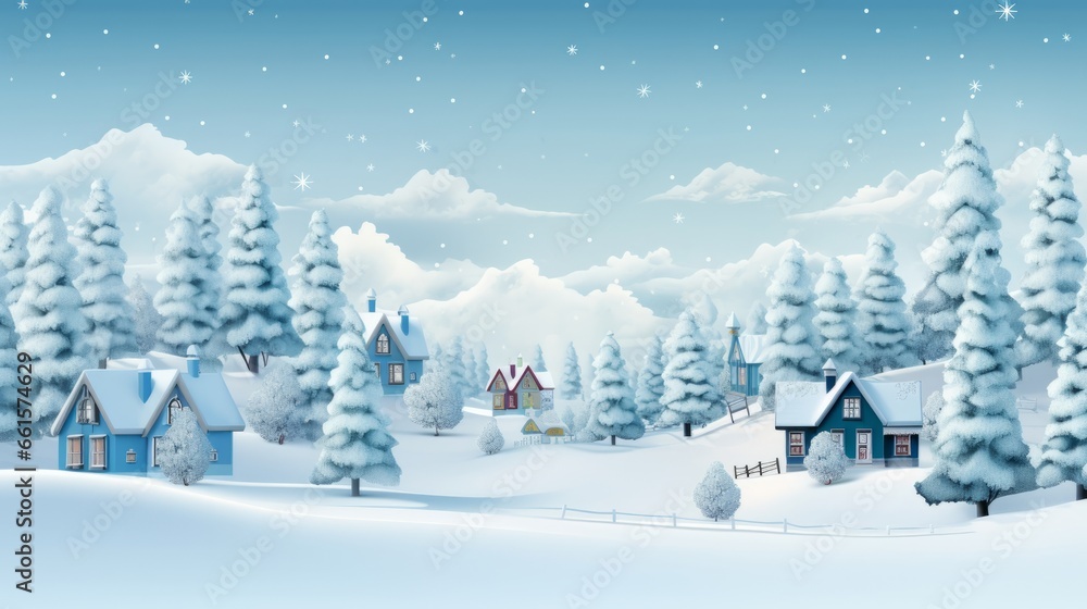 Photo of a winter wonderland with charming houses and snow-covered trees