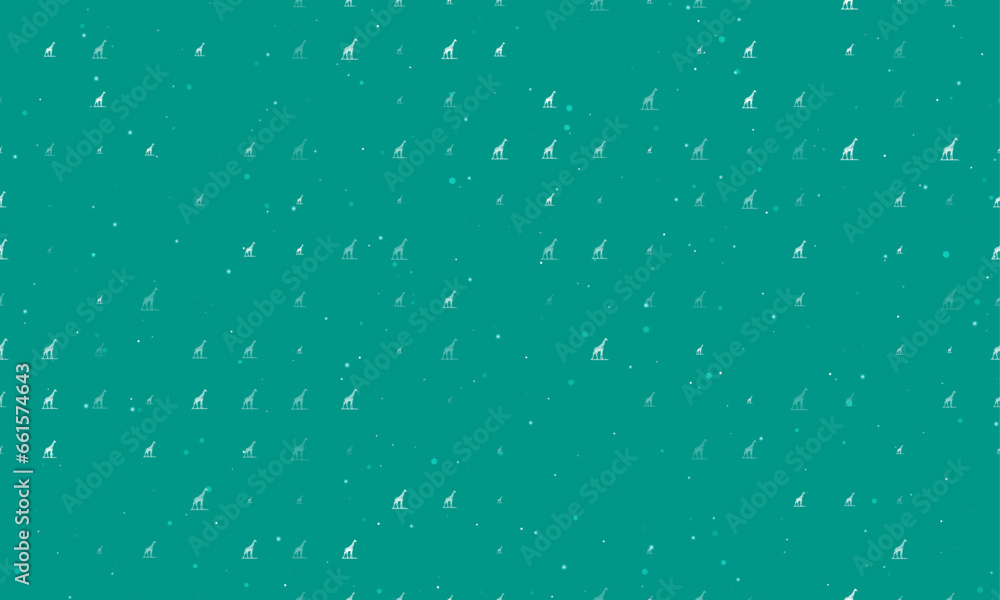Seamless background pattern of evenly spaced white wild giraffe symbols of different sizes and opacity. Vector illustration on teal background with stars Seamless background pattern of evenly spaced white wild giraffe symbols of different sizes and opacity. Vector illustration on teal background with stars