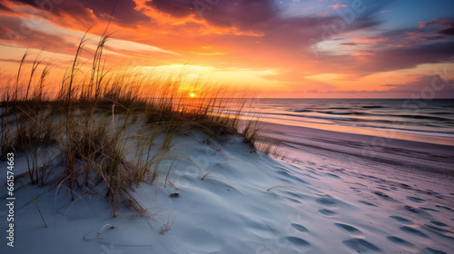 Sunset on the beach with dune grass © thodonal