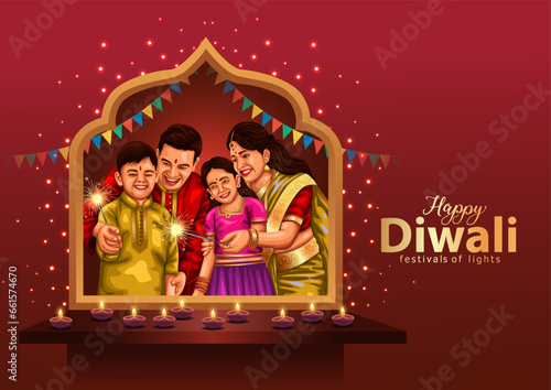 Indian festival of lights Happy Diwali with happy family, holiday Background, Diwali celebration greeting card, vector illustration design.