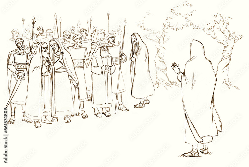 Pharisees and high priests with soldiers in Gethsemane. Pencil drawing - obrazy, fototapety, plakaty 