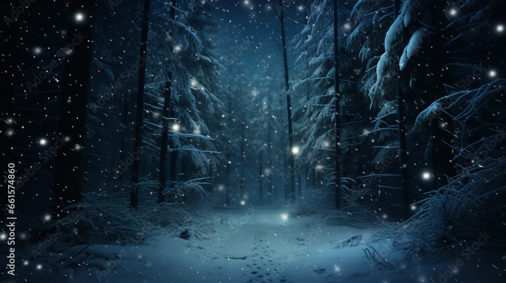 Photo of a tranquil winter night in a snowy forest with snowflakes gently covering the trees