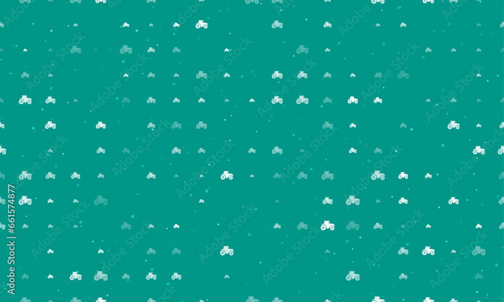 Seamless background pattern of evenly spaced white tractor icons of different sizes and opacity. Vector illustration on teal background with stars