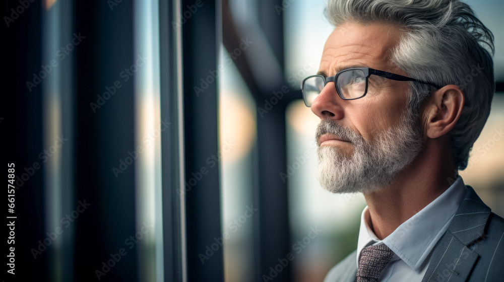 Fototapeta premium Portrait of senior businessman in eyeglasses looking through window