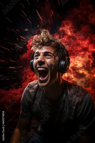Teen celebrating a victory in an online game with an explosive background