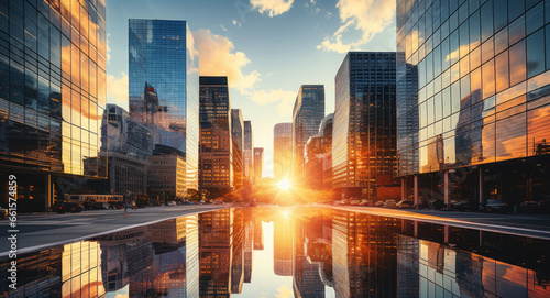 Cityscape of modern city with reflection in glass wall at sunset.