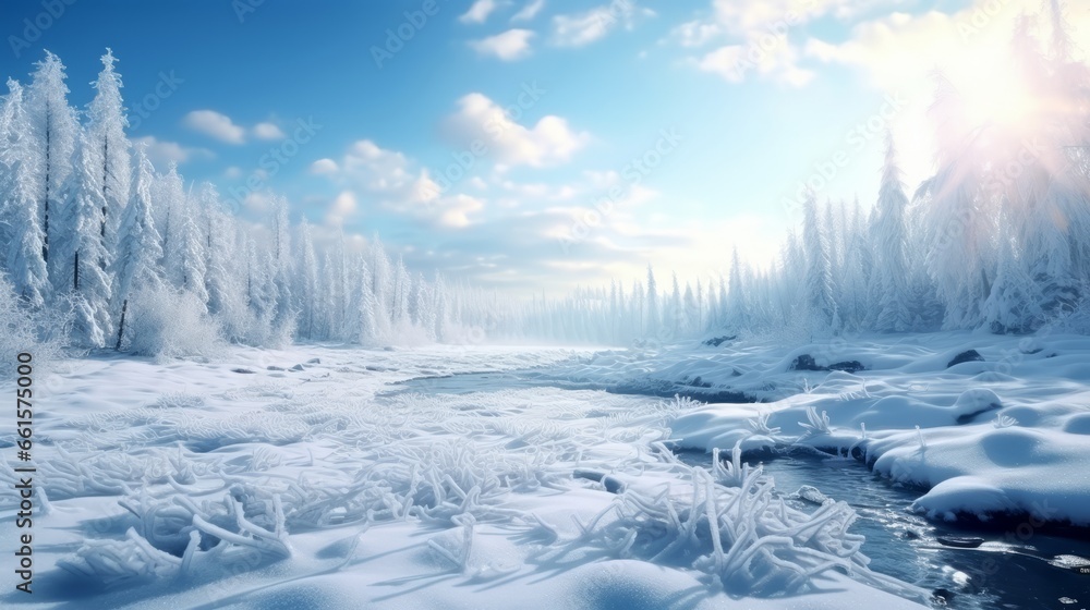 Photo of a serene winter scene with snow-covered trees and a flowing stream Photo of a serene winter scene with snow-covered trees and a flowing stream