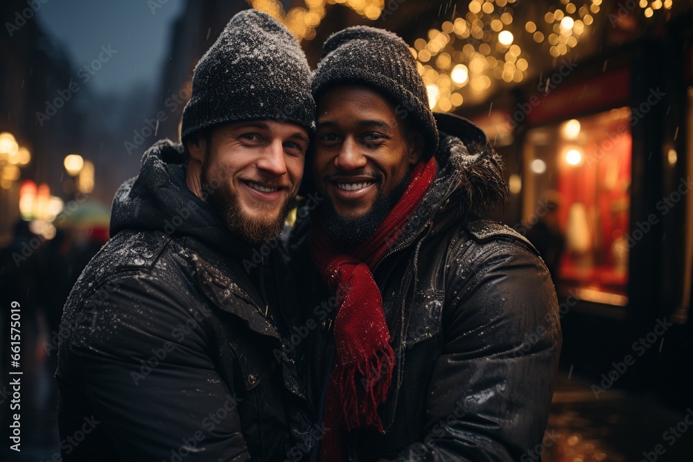 Multiracial couple of men pose and smile in the street at Christmas under the snow Multiracial couple of men pose and smile in the street at Christmas under the snow