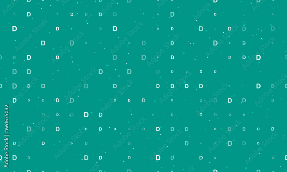 Seamless background pattern of evenly spaced white capital letter D symbols of different sizes and opacity. Vector illustration on teal background with stars