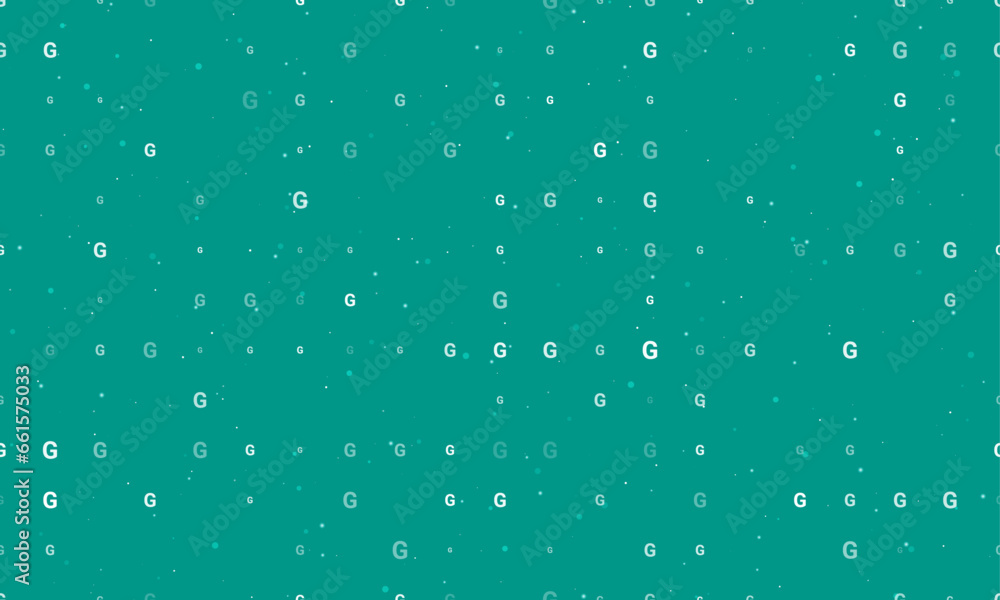 Seamless background pattern of evenly spaced white capital letter G symbols of different sizes and opacity. Vector illustration on teal background with stars